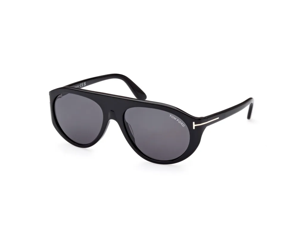 Tom Ford REX-02 FT1001 01A SHINY BLACK / SMOKE, Czarny